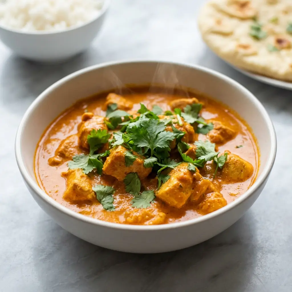 A bowl of creamy chicken tikka masala with coconut milk, garnished with fresh cilantro.