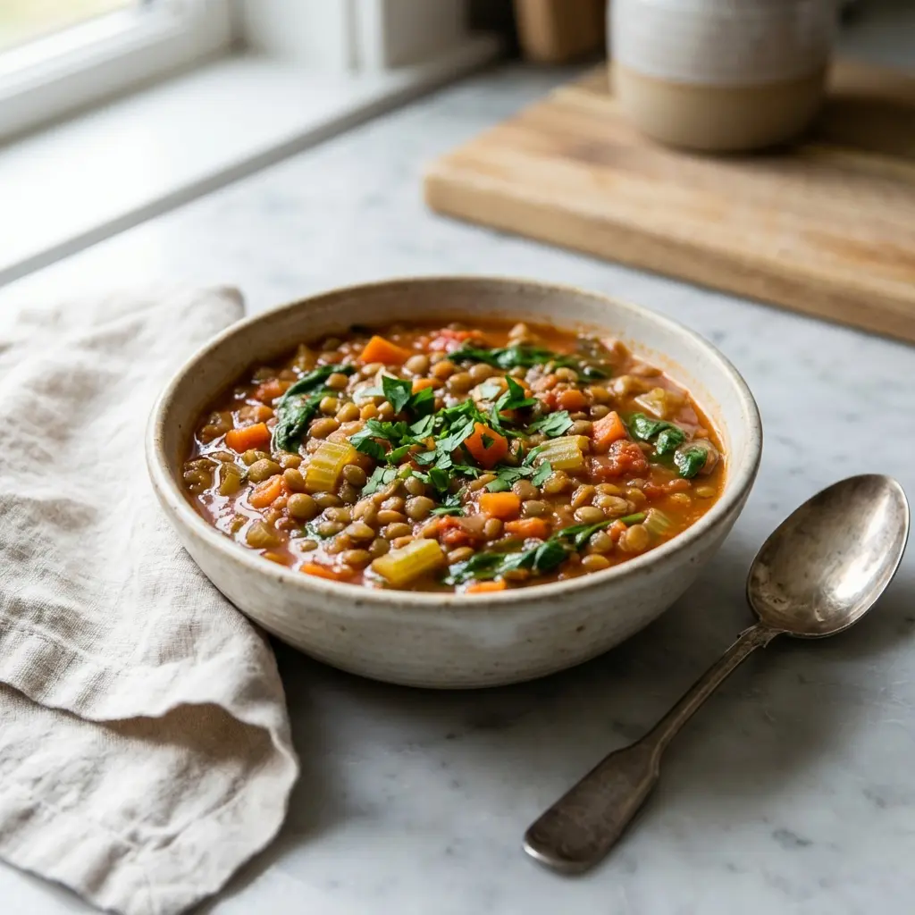 A warm bowl of lentil vegetable soup with tomatoes, garnished with fresh parsley.