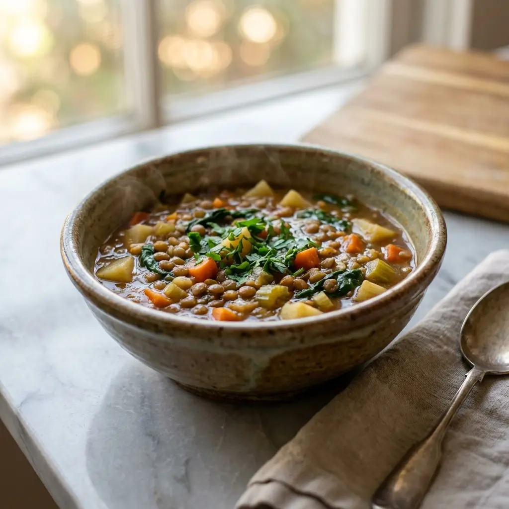 A rustic bowl of slow cooker lentil vegetable soup, garnished with fresh parsley.