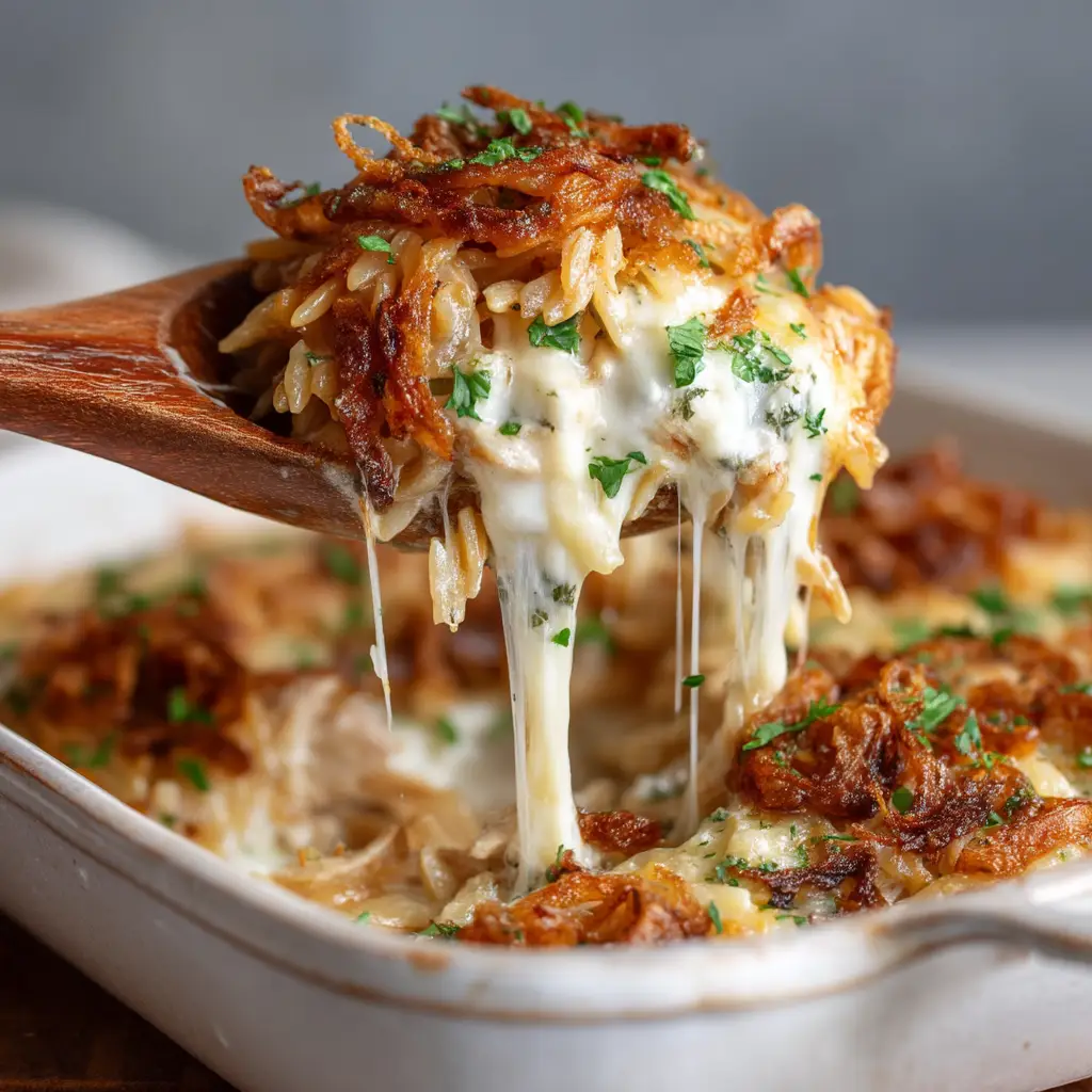 A close-up spoonful of the cheesy chicken orzo bake, showing the creamy texture and tender pieces of chicken mixed with orzo and caramelized onions.