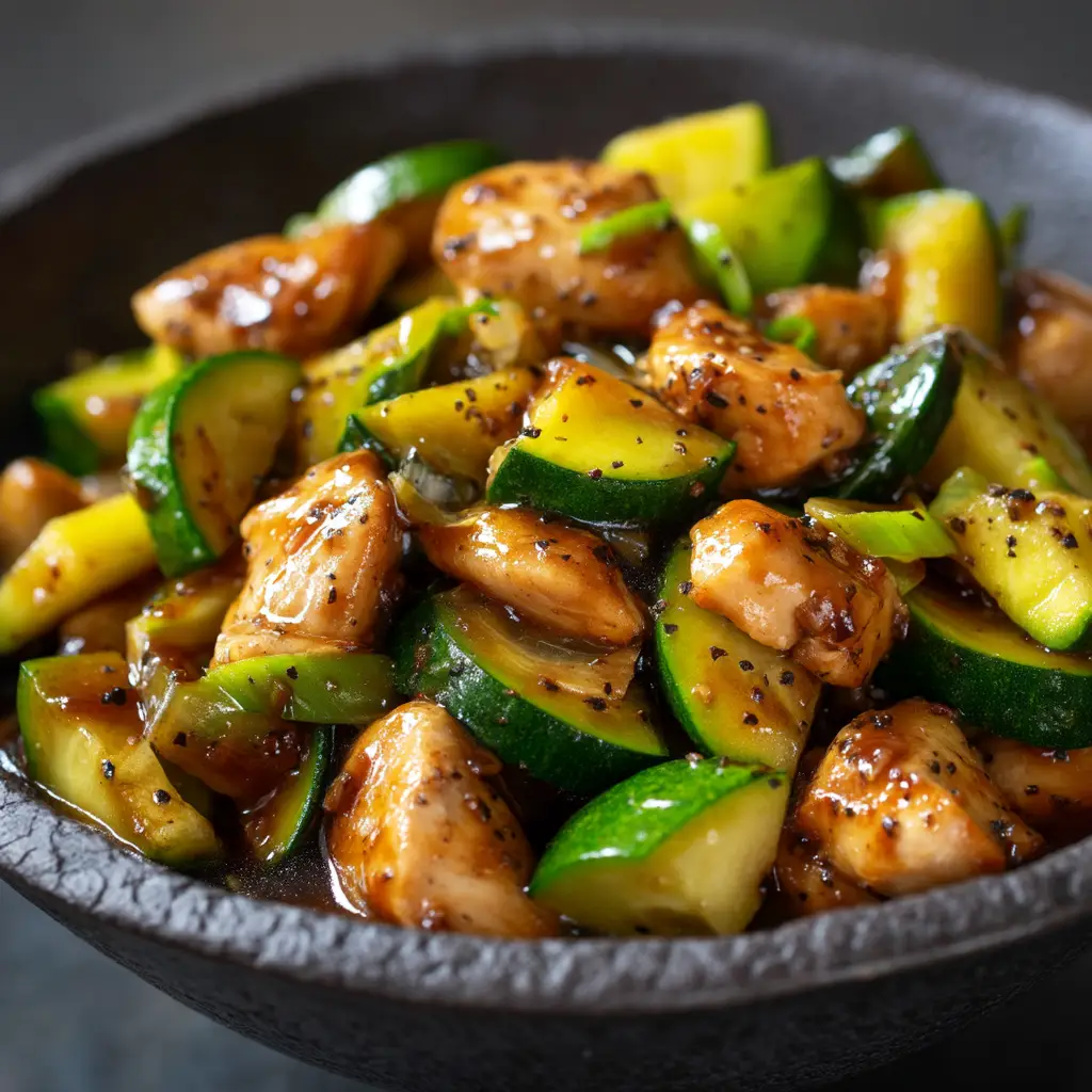 A close-up shot of the chicken zucchini stir fry being cooked in a large skillet, showing the glossy sauce coating every piece.