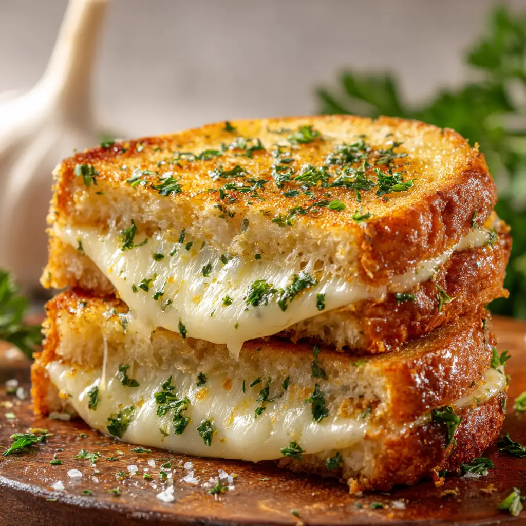 A cooked garlic bread grilled cheese sandwich sitting in a skillet, showing the golden-brown crust and melted cheese.