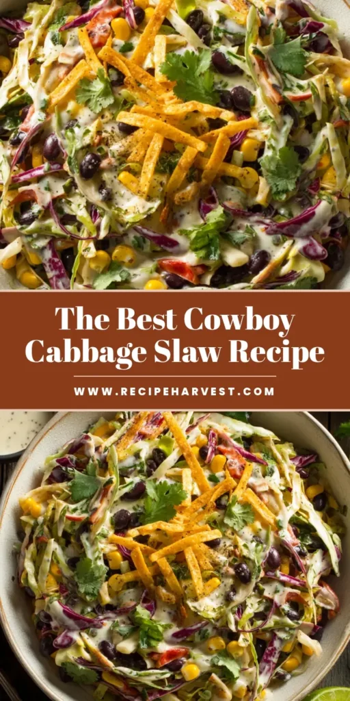 A large white bowl filled with a vibrant Cowboy Coleslaw Recipe, featuring shredded cabbage, corn, and black beans, perfect for Pinterest.