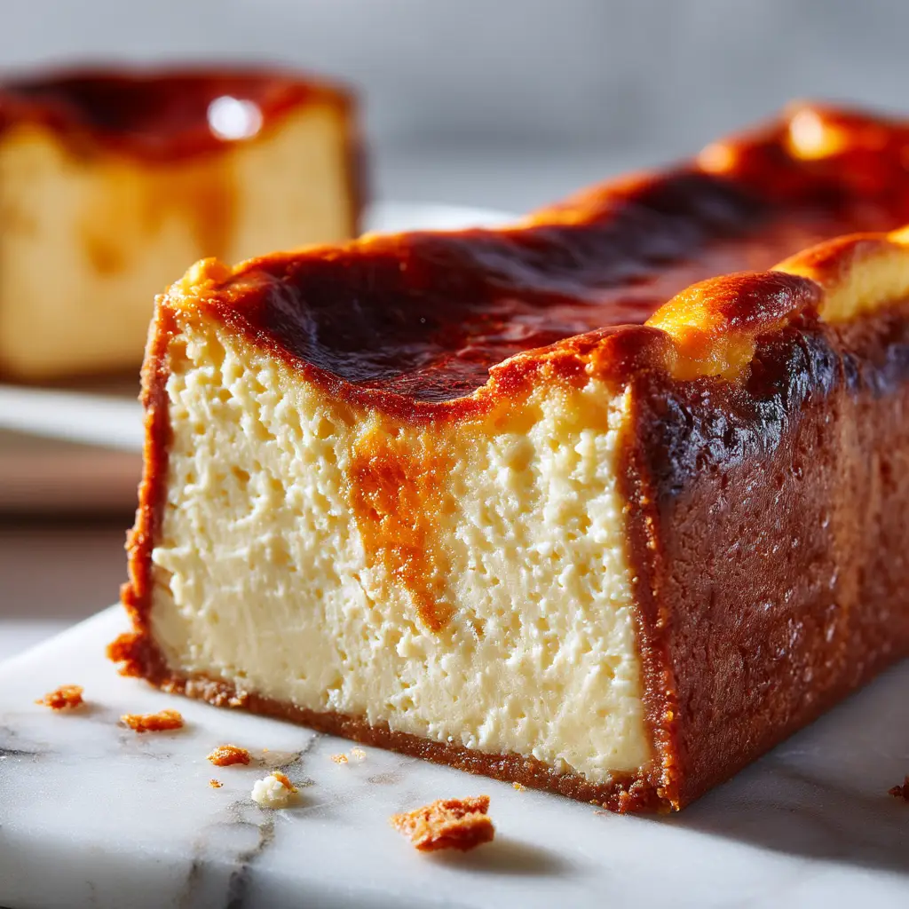 A detailed shot of the creamy texture of the Burnt Basque Cheesecake interior, contrasted with the dark caramelized crust.