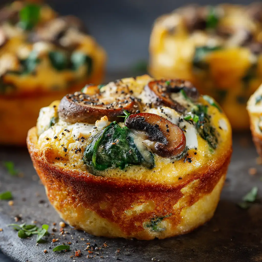 A close-up shot of a crustless mini spinach quiche, showing the fluffy egg texture and melted Gruyère cheese.