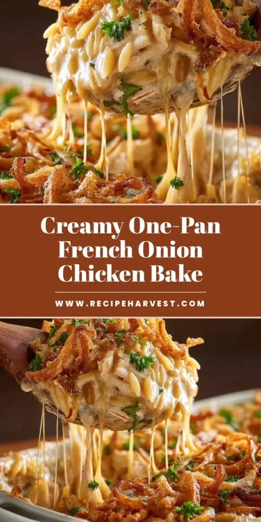 French Onion Chicken Orzo Casserole: The Ultimate Comfort Meal 3 An overhead shot of a skillet of French Onion Chicken Orzo Casserole, with a golden-brown cheesy topping being scooped out with a spoon.