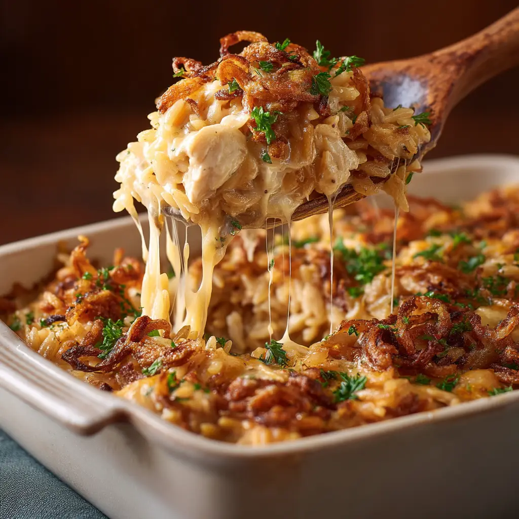 French Onion Chicken Orzo Casserole: The Ultimate Comfort Meal 1 A serving of French Onion Chicken Orzo Casserole on a plate, garnished with fresh thyme, ready to be eaten.