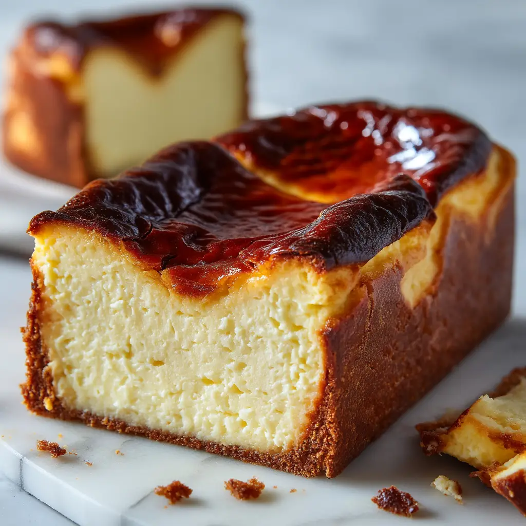 A freshly baked Burnt Basque Cheesecake cooling in its parchment-lined pan, showing the beautiful rustic, crinkled edges and dark top.