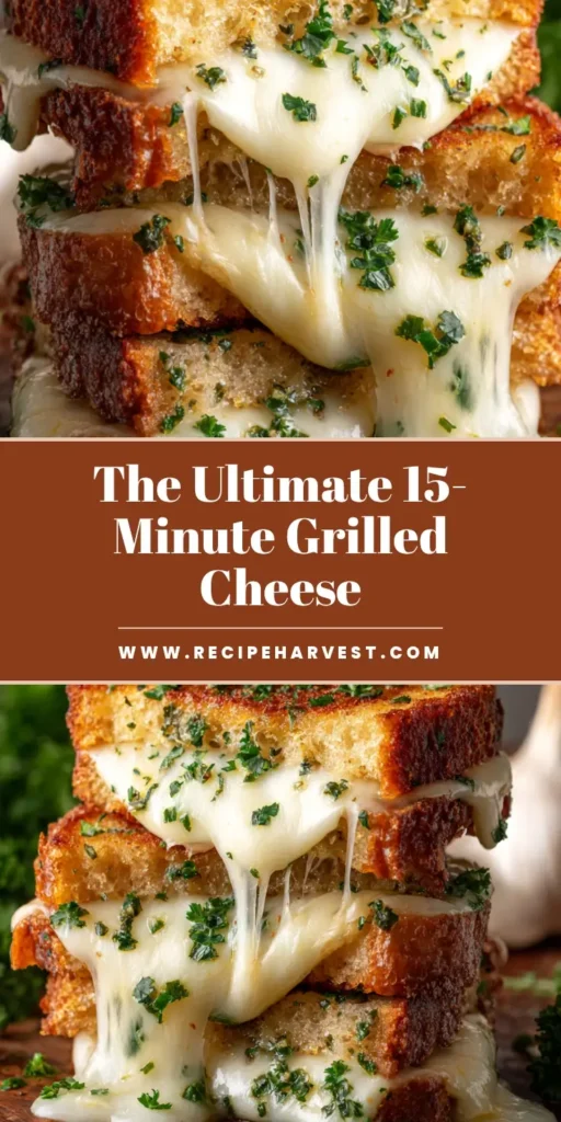 A delicious Garlic Bread Grilled Cheese sandwich sliced in half to show a perfect cheese pull, with a golden, toasted exterior.