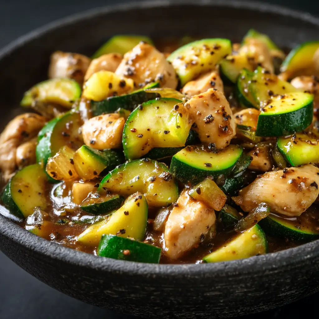 A finished bowl of healthy chicken and zucchini stir fry, garnished with fresh sesame seeds and green onions.