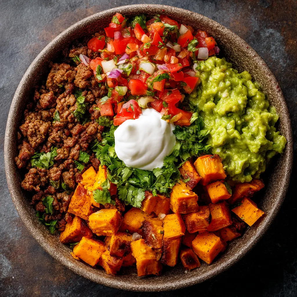 A close-up view of a healthy taco bowl with perfectly roasted sweet potato chunks, black beans, and corn, ready to be eaten.