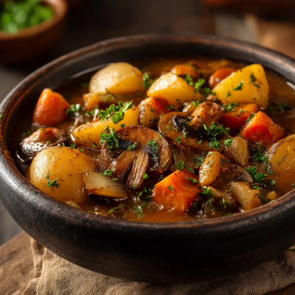 Ingredients for Irish Vegetarian Stew laid out, showcasing fresh cremini mushrooms, Yukon gold potatoes, carrots, onions, and parsley before cooking.