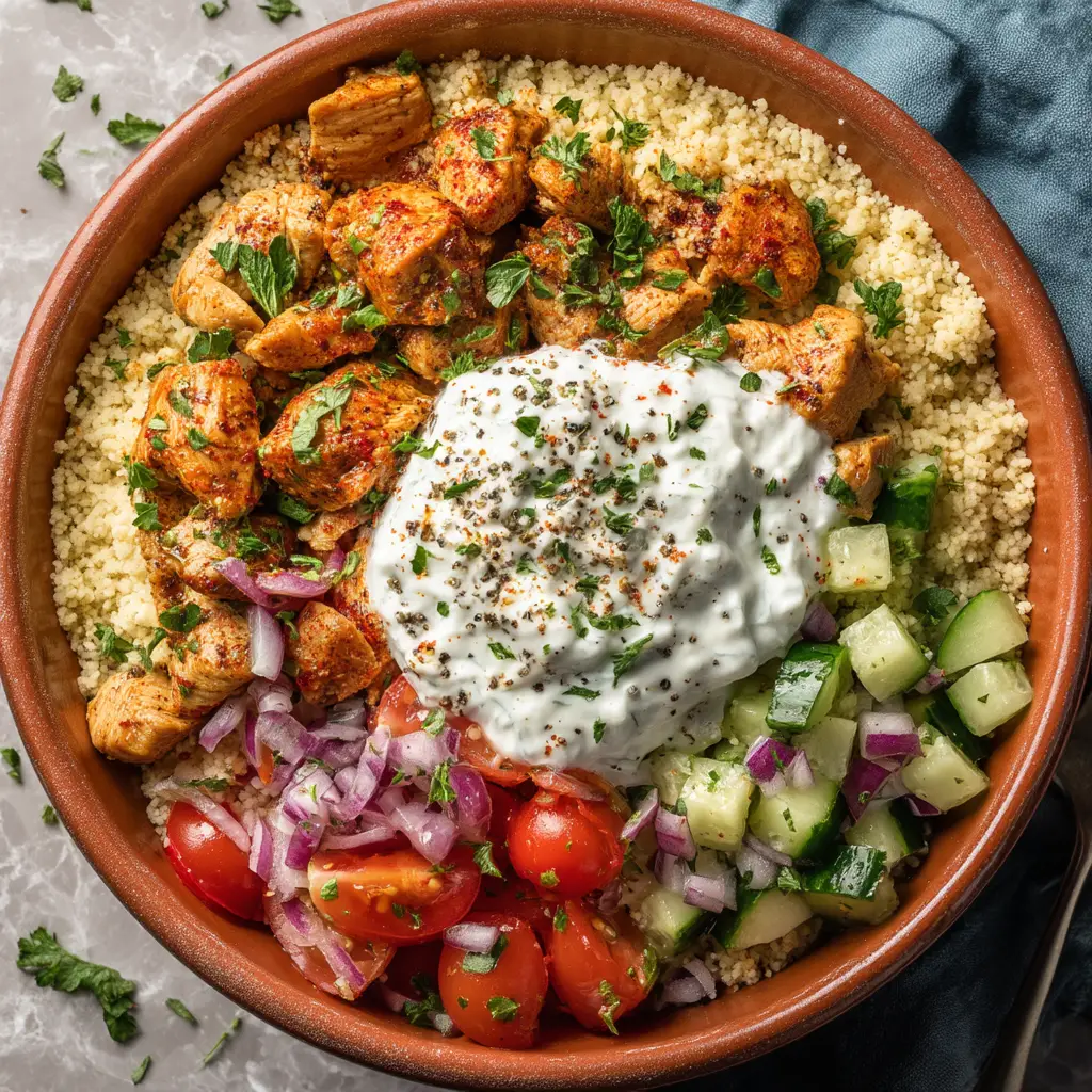 An appetizing, brightly lit macro shot of a finished Moroccan Chicken Couscous Bowl from a top-down angle, highlighting the fresh colors and textures of the chicken, couscous, and salad.