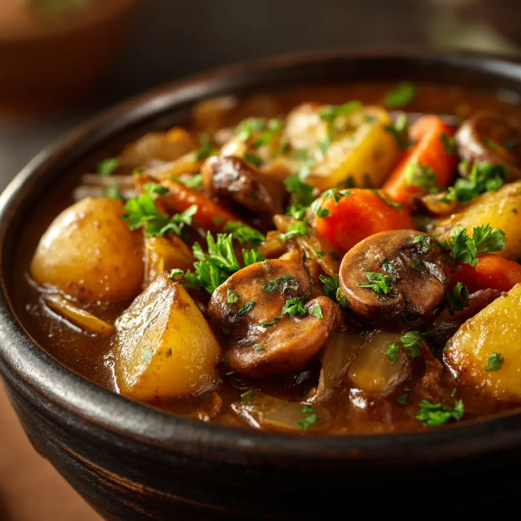 Hearty Authentic Irish Vegetarian Stew with Savory Brown Gravy 1 Steaming bowl of Irish Vegetarian Stew with a rich brown gravy, thick chunks of carrots and potatoes, topped with fresh green parsley.