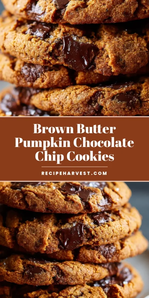 A tall stack of thick, rustic brown butter pumpkin chocolate chip cookies with gooey melted chocolate chips and a crinkly golden-brown top, set against a moody autumn background.