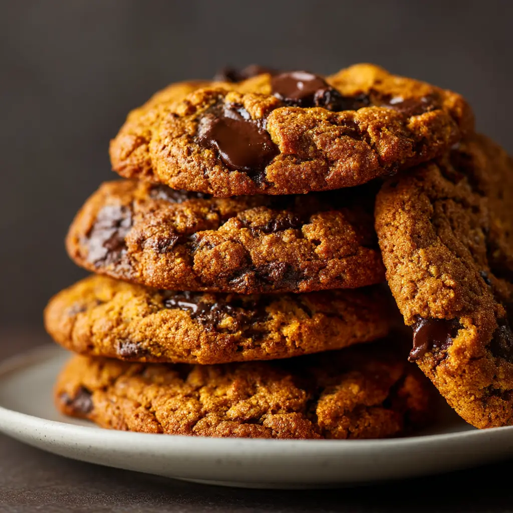 Extreme close up of a brown butter pumpkin chocolate chip cookie showing crinkly edges and melted chocolate chips on a white plate.