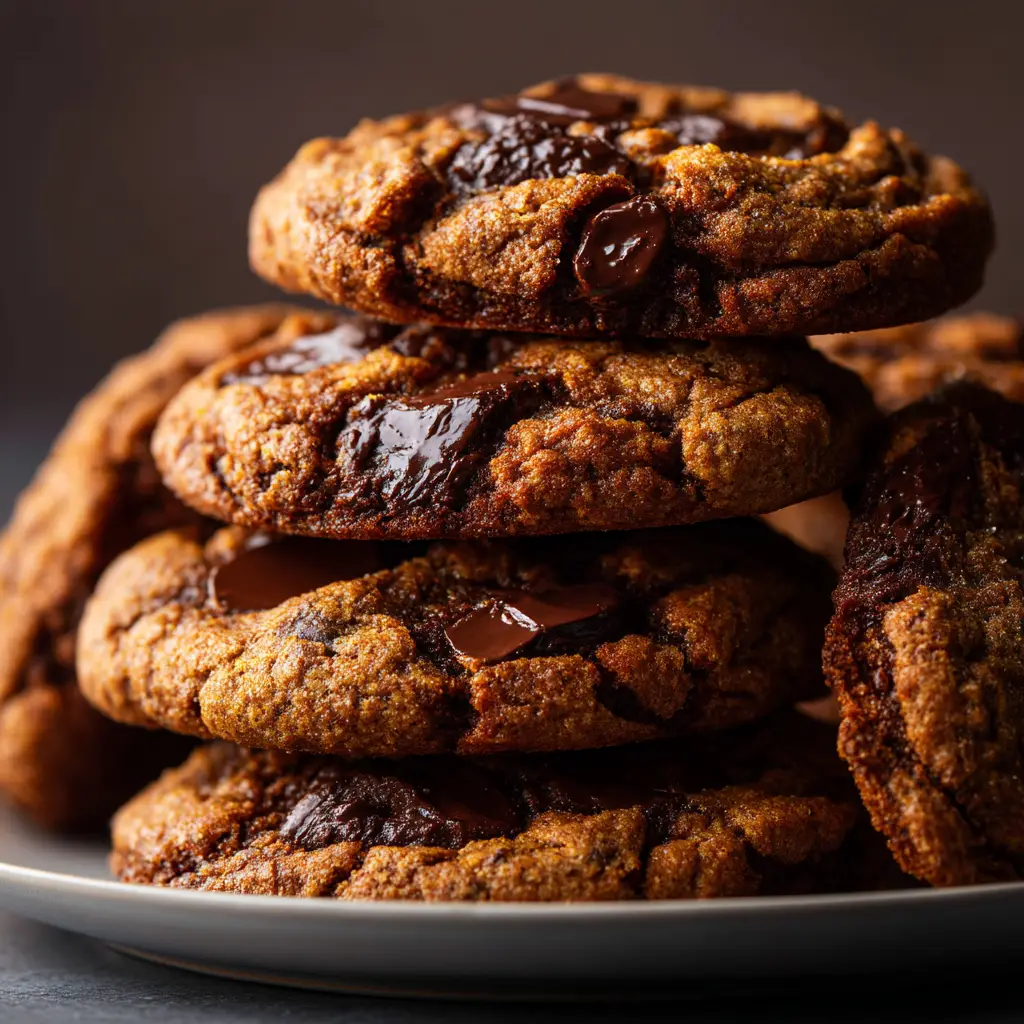 A warm, golden-brown stack of pumpkin chocolate chip cookies illuminated by dramatic side lighting, revealing rustic textures.