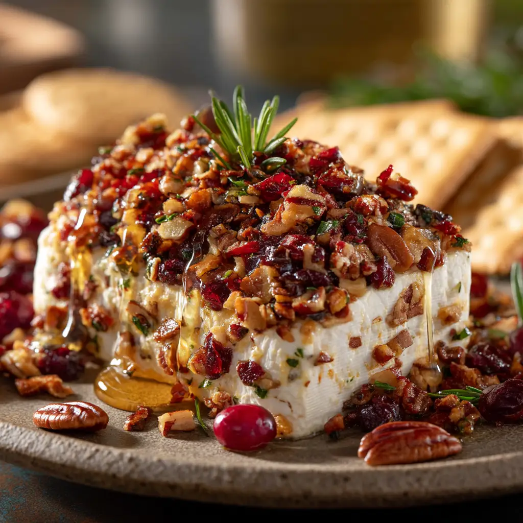 A beautifully plated Bacon Goat Cheese Appetizer on a rustic stoneware plate with a shimmering drizzle of maple syrup and scattered nuts.