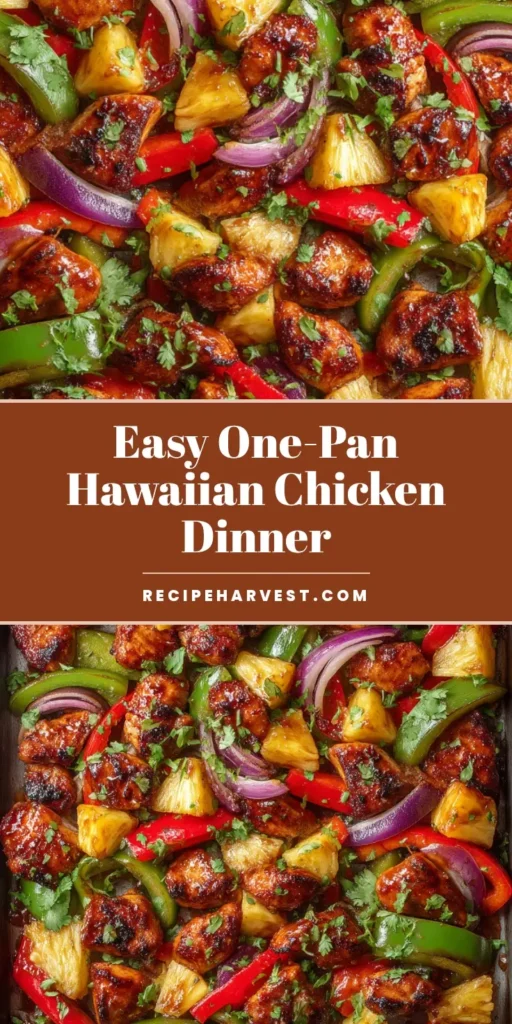 Extreme close-up overhead shot of Hawaiian chicken sheet pan dinner with juicy charred chicken, caramelized pineapple, bell peppers, and fresh cilantro.