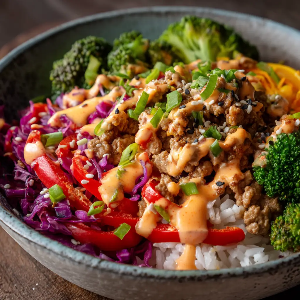 A vibrant bang bang ground turkey bowl topped with broccoli, red cabbage, peppers, and creamy light-orange bang bang sauce.