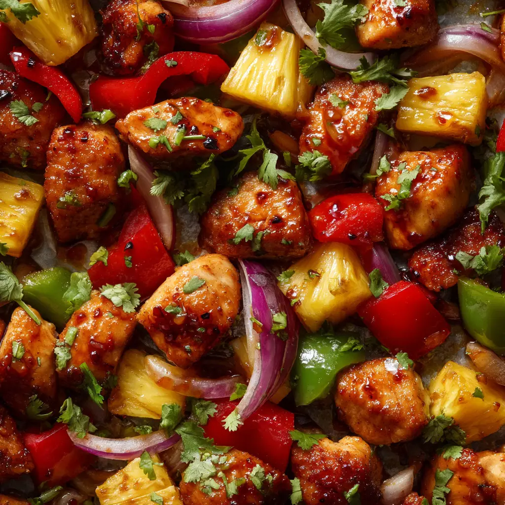 Hawaiian Chicken Sheet Pan spread evenly on a baking sheet before roasting.