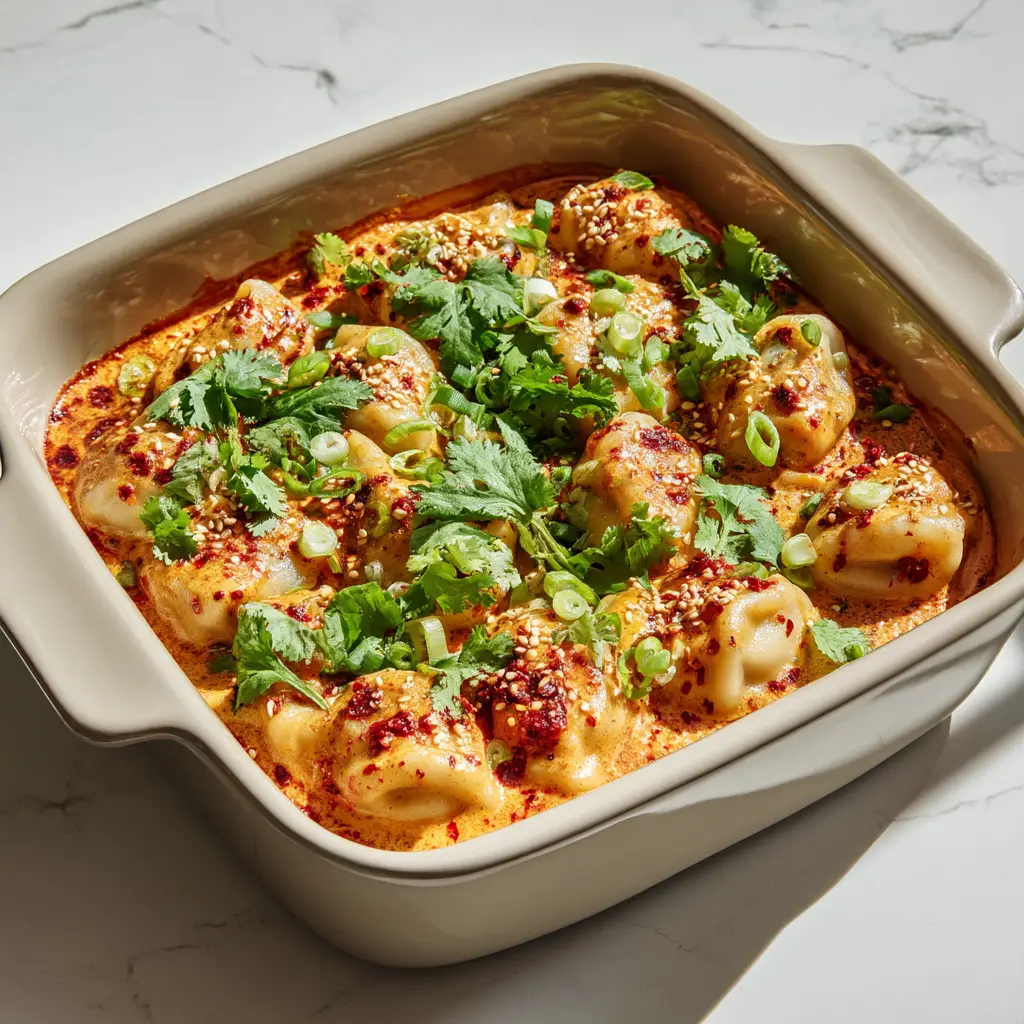The Ultimate Viral Dumpling Bake: Crispy, Creamy, and Spicy 2 Close up view of golden brown dumplings coated in a reddish-orange sauce, garnished with cilantro and green onions.