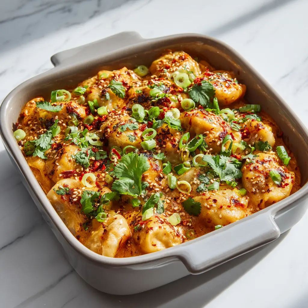 The Ultimate Viral Dumpling Bake: Crispy, Creamy, and Spicy 1 Three-quarters angle of a Viral Dumpling Bake topped with toasted sesame seeds and dollops of red chili crisp oil.