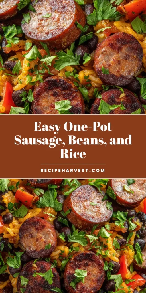 A hearty skillet of Black Beans and Rice with Sausage featuring crispy smoked sausage and fresh parsley garnish.