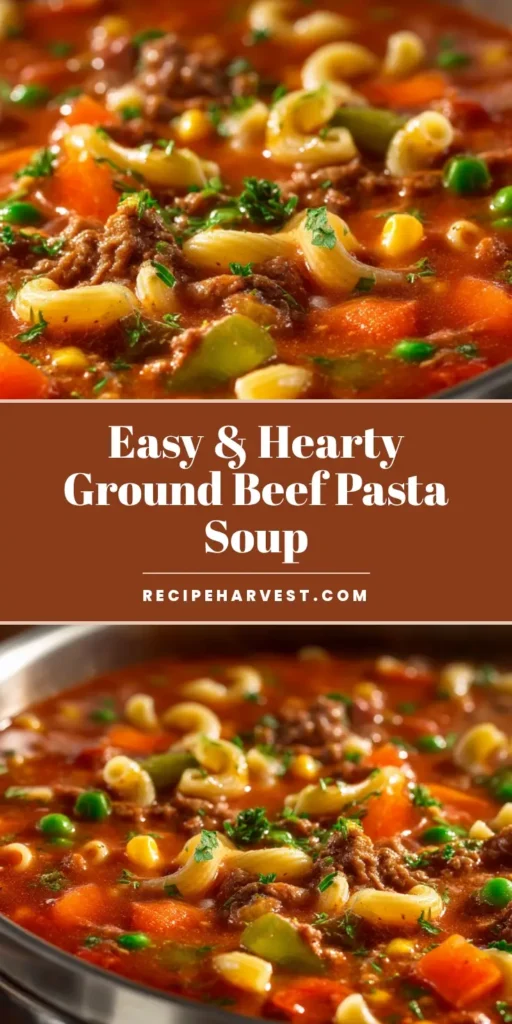 A steaming bowl of hearty Italian Ground Beef Pasta Soup garnished with fresh parsley.