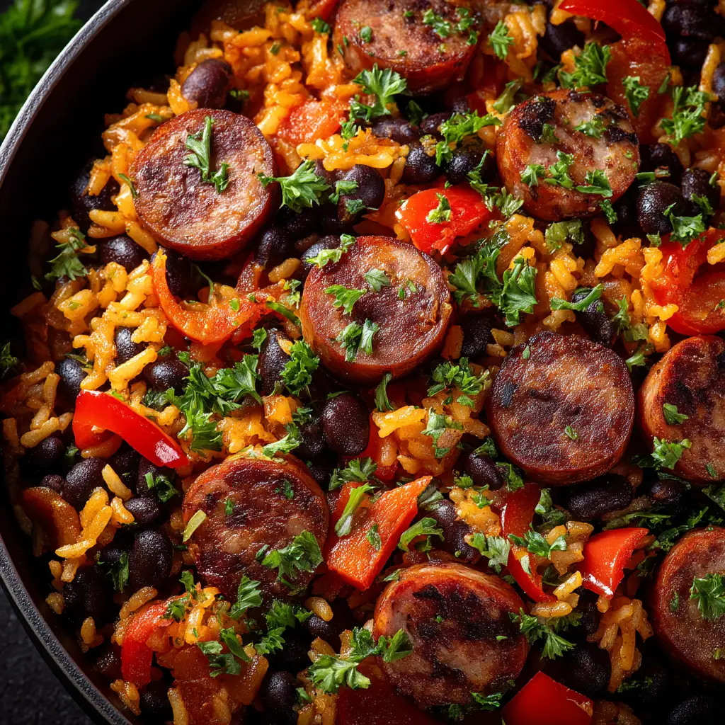 Top-down view of a vibrant dish of Black Beans and Rice with Sausage generously garnished with fresh parsley and diced red bell peppers.