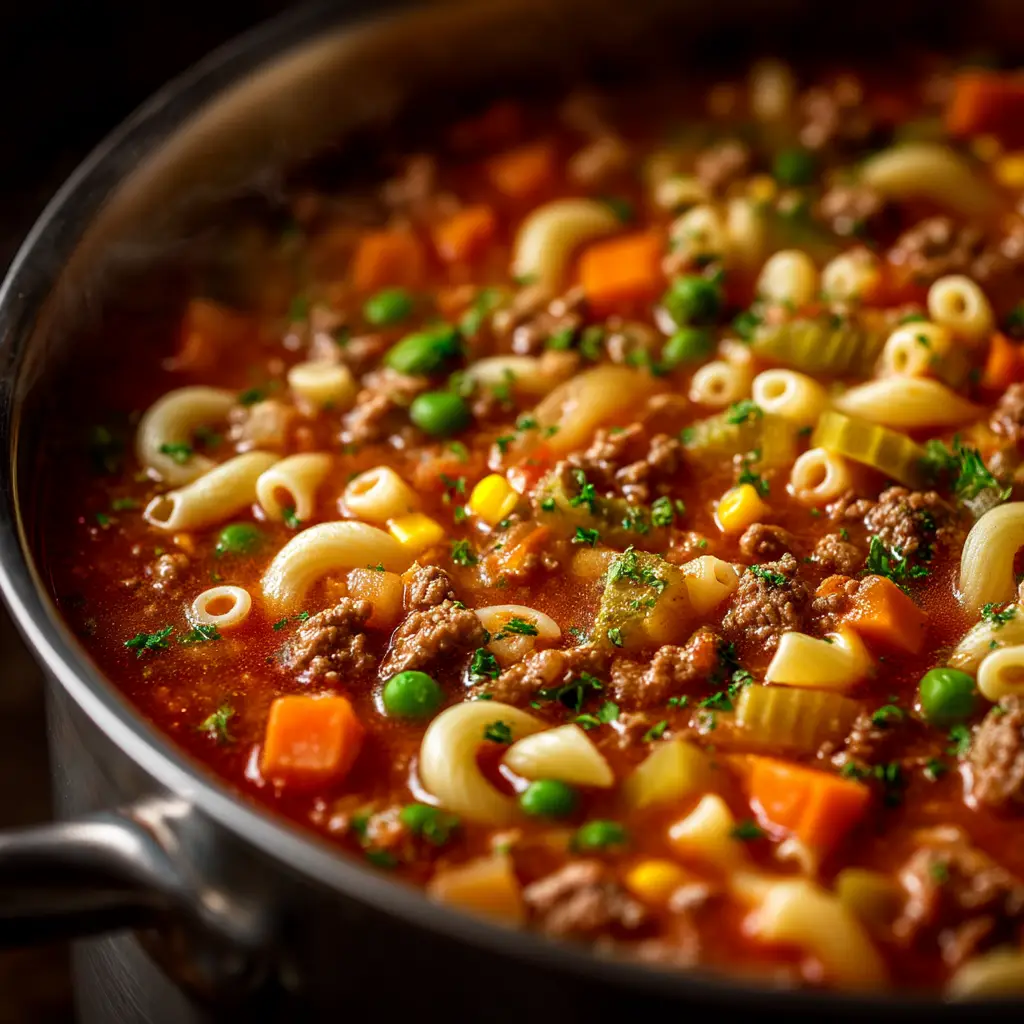 Close-up photorealistic shot of Italian ground beef and macaroni soup simmering in a stainless steel pot with soft highlights.