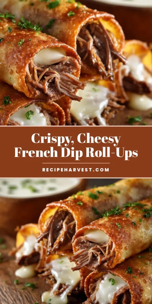 A stack of golden-brown fried French Dip Tortilla Roll Ups oozing with melted white provolone cheese, garnished with parsley.
