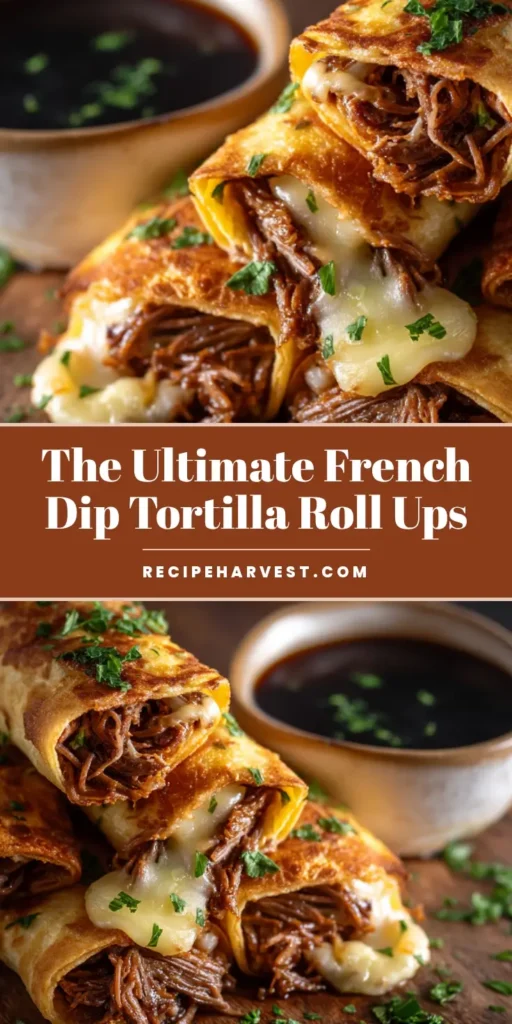 A stack of crispy French dip tortilla roll ups on a rustic wooden board, oozing with melted provolone cheese, served with dark au jus.