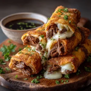 Ingredients for French Dip Tortilla Roll Ups including shredded beef, provolone, tortillas, and au jus mix.