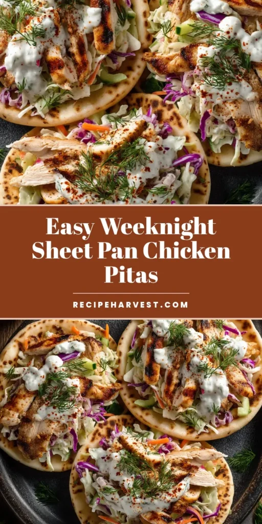Three delicious Sheet Pan Chicken Pitas loaded with sliced chicken, vibrant vegetable slaw, ranch dressing, and fresh dill on a dark rustic plate.