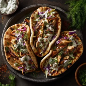 Close-up of freshly assembled Sheet Pan Chicken Pitas on a moody wooden surface, showcasing crispy cabbage, red onions, carrots, and perfectly seared chicken.
