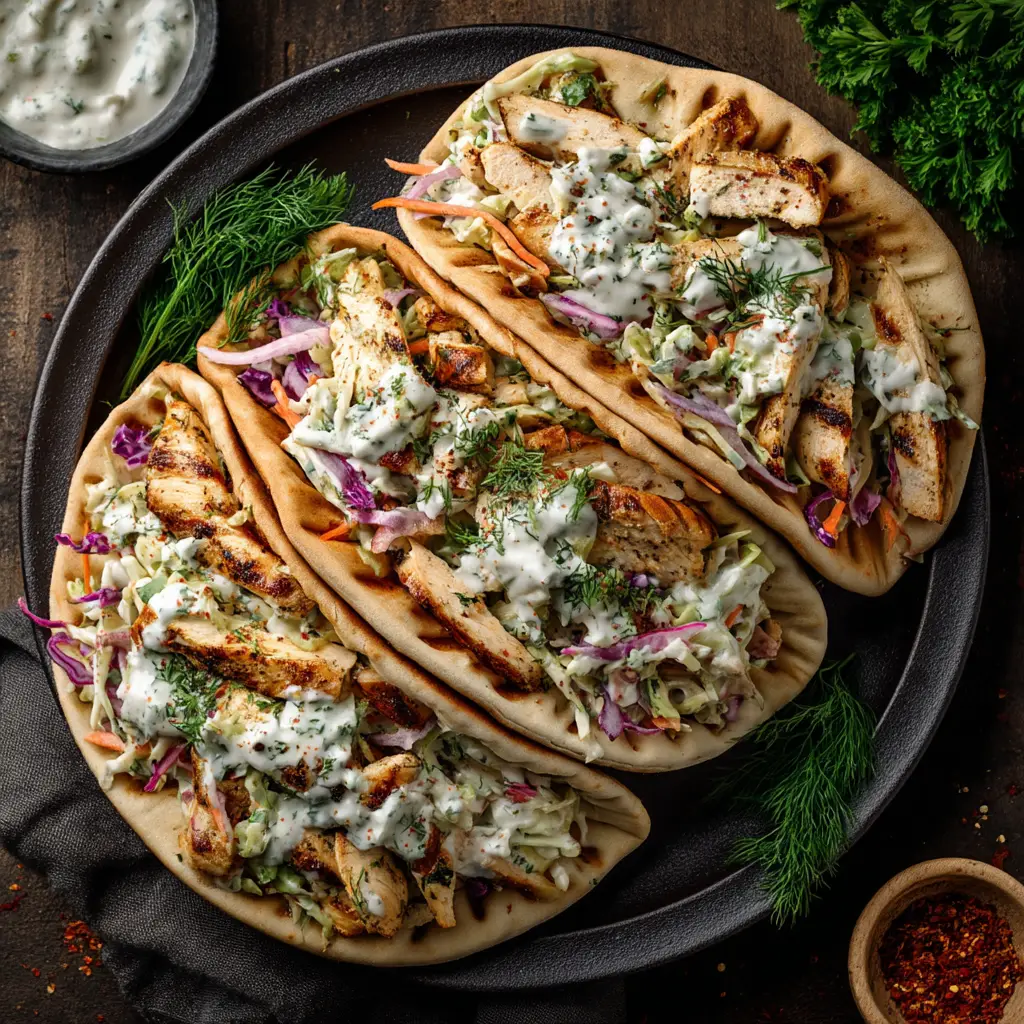Overhead food magazine quality shot of Sheet Pan Chicken Pitas generously drizzled with white herb ranch and dusted with paprika and dill.