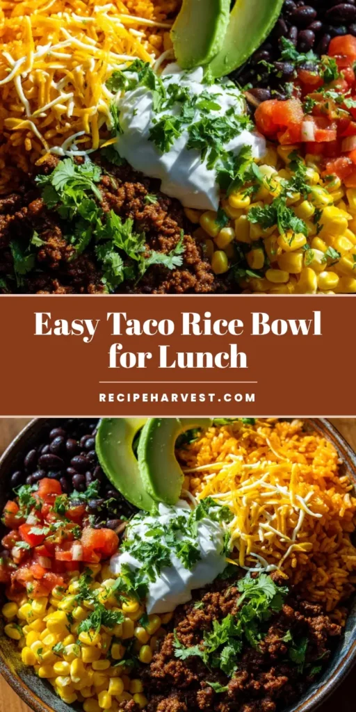 A top-down view of a vibrant Taco Rice Bowl loaded with ground beef, orange Spanish rice, beans, corn, pico de gallo, and sour cream.