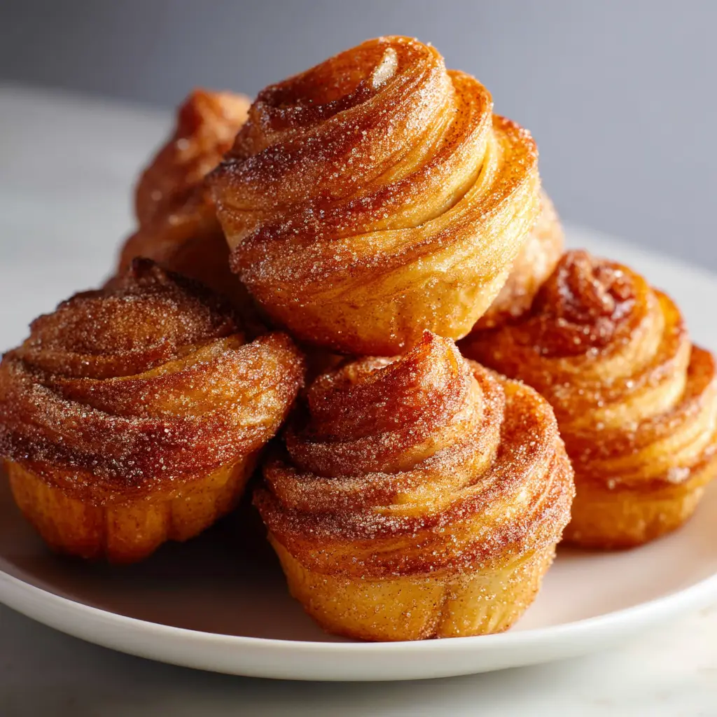 A simple white plate holding freshly baked Churro Cruffins, illuminated by bright, soft side lighting to highlight the sugary texture.