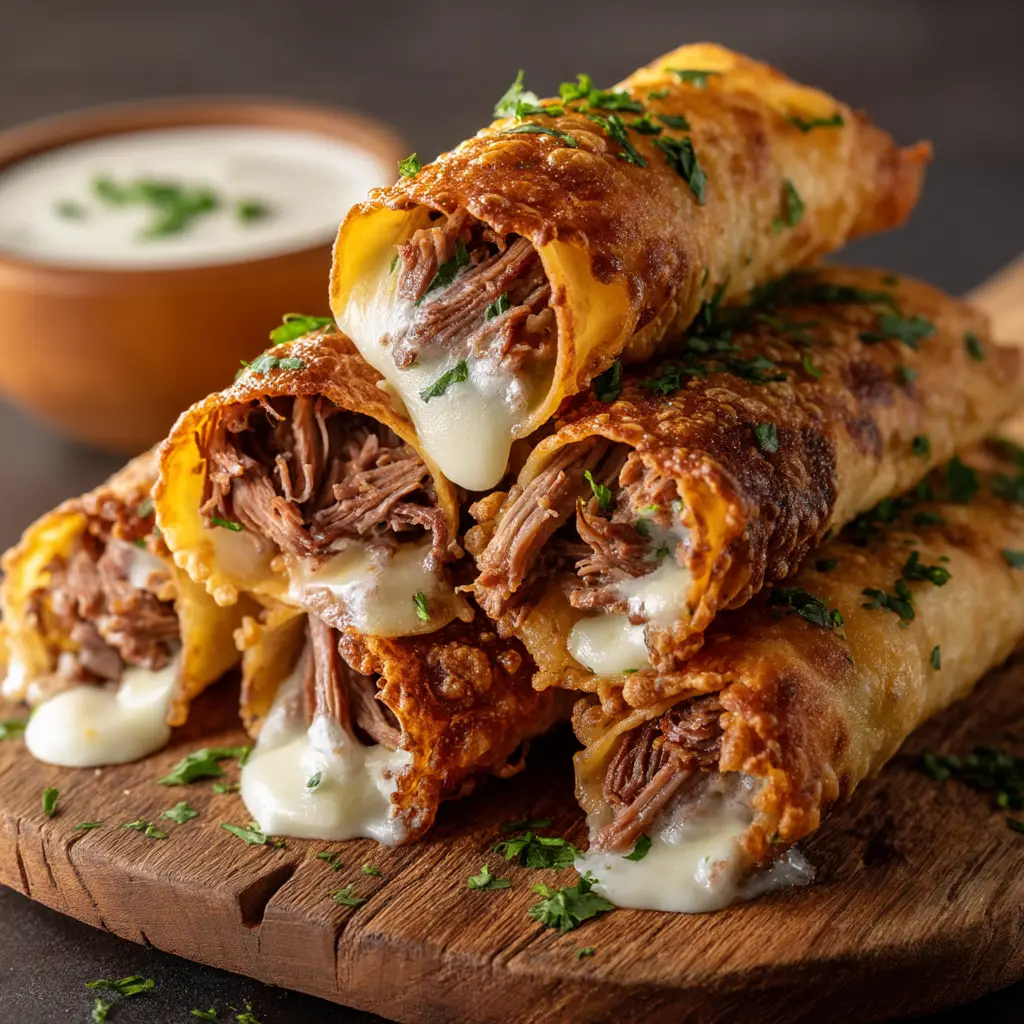Extreme close-up of tender shredded roast beef and provolone inside a crispy fried tortilla shell.