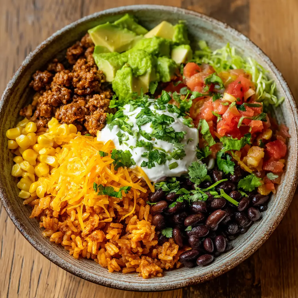 A beautifully assembled Taco Rice Bowl in a rustic ceramic bowl set on a warm wooden surface.