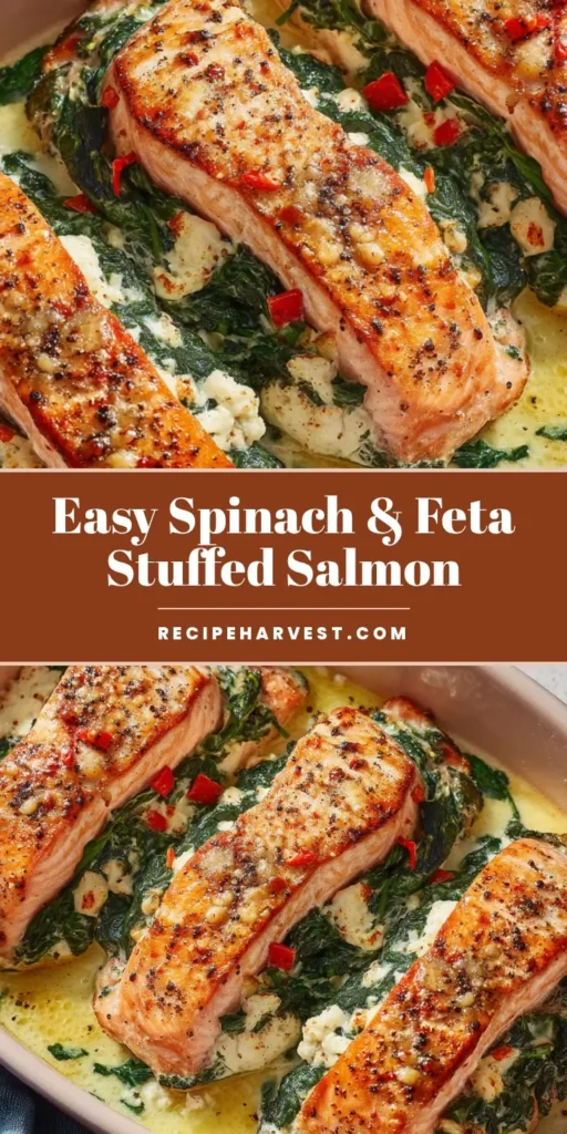 Overhead close-up of four perfectly cooked stuffed salmon fillets in a light pink ceramic baking dish.