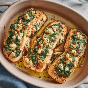 Creamy rich filling of sauteed spinach, crumbled feta cheese, and small red pepper pieces for stuffed salmon.