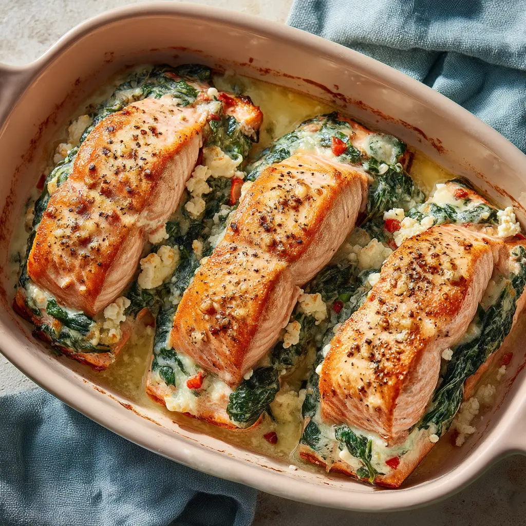 Flaky and pink stuffed salmon glistening with butter, seasoned with black pepper, next to a blue linen napkin.