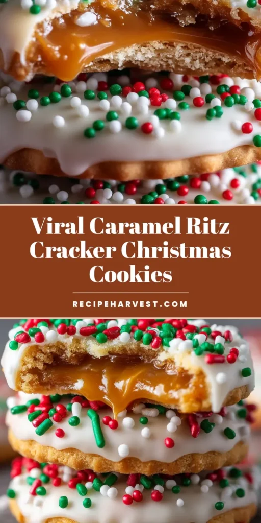 An overhead shot of Caramel Ritz Cracker Christmas Cookies scattered on a festive background. These no-bake treats feature a gooey caramel filling, white chocolate coating, and holiday sprinkles.