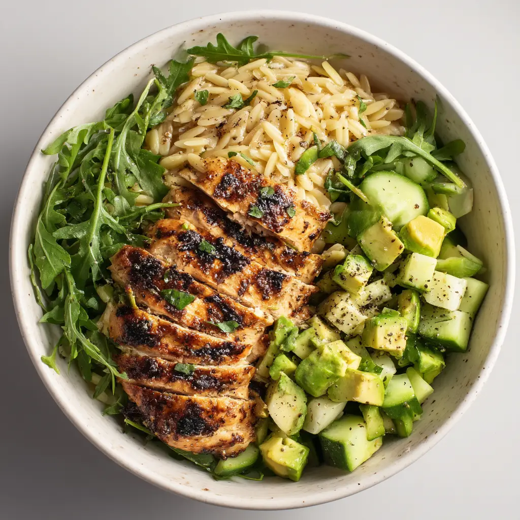 A clean, appetizing overhead shot of the grilled chicken orzo salad. The bright, natural lighting highlights the fresh textures of the ingredients.