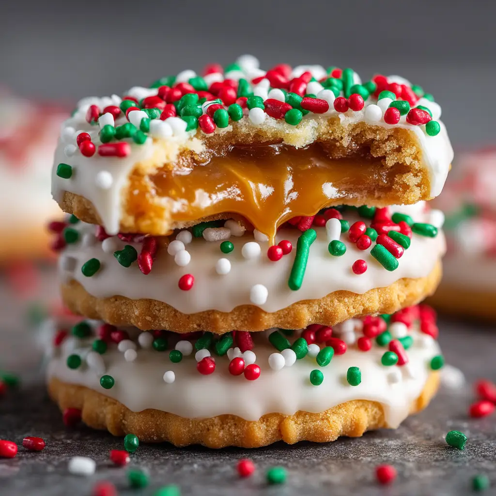 A hyper-realistic, extreme close-up of a stack of three Caramel Ritz Cracker Christmas Cookies. The top cookie has a bite taken out, revealing a gooey, golden-brown caramel center.