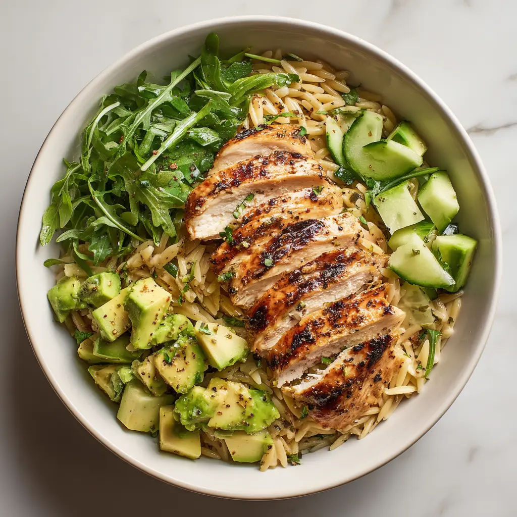 A composed bowl of grilled chicken orzo salad, showcasing the distinct char marks on the sliced chicken and the fresh diced avocado and cucumber.
