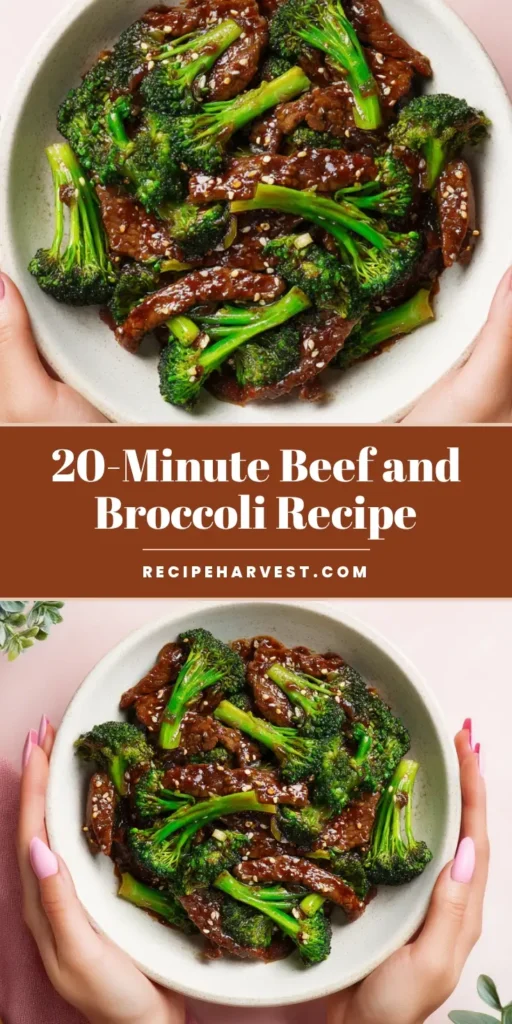 Overhead close-up of a vibrant Beef and Broccoli Recipe in a shallow off-white ceramic bowl, featuring glossy beef, bright green broccoli, minced garlic, and sesame seeds.