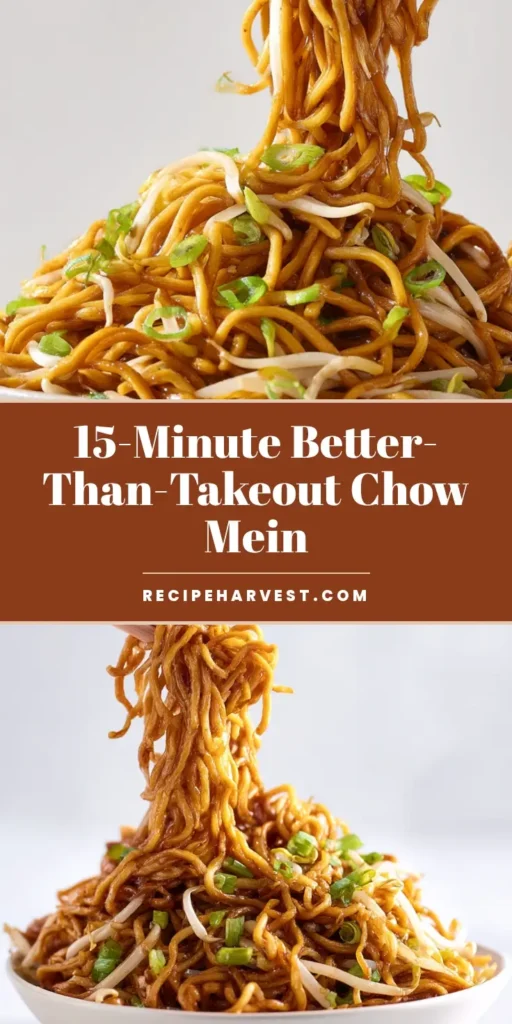 A close-up shot of chow mein noodles being lifted from a white bowl with pink chopsticks. The noodles are glistening with sauce and mixed with bean sprouts and green onions. (Chow Mein Recipe)